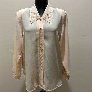 Peach colored floral embroidered button down blouse Medium